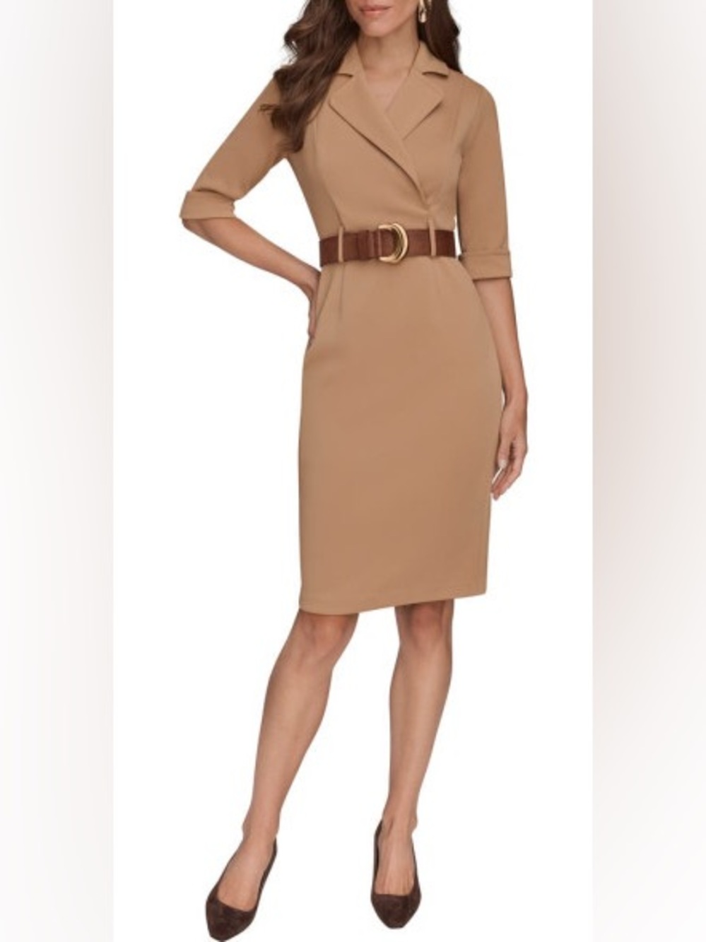 NWT Donna Karan NY Belted Sheath Dress Camel Tan Sz 6 Midi Classic Tailored